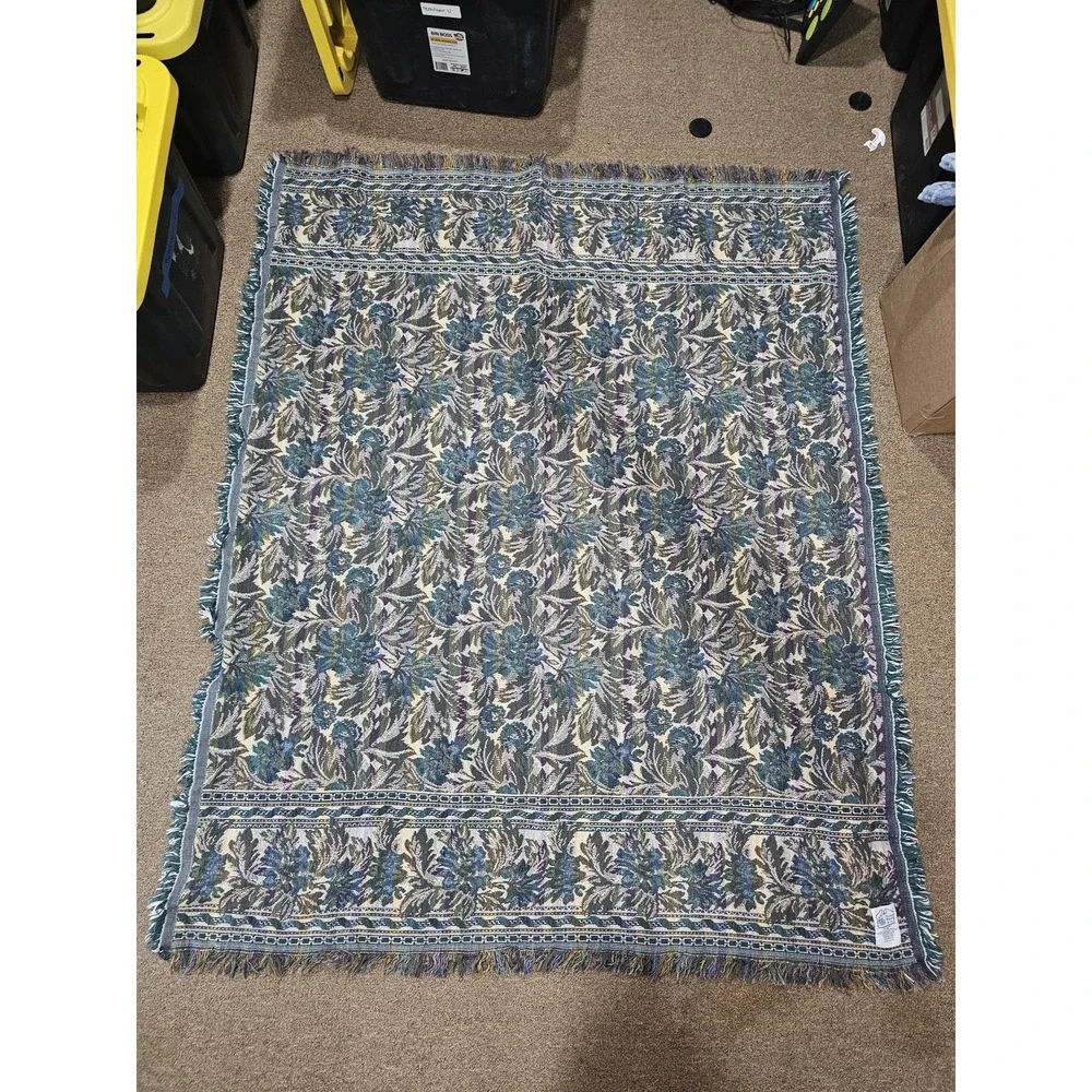 Goodwin Weavers‎ Throw Blanket ~ 50x63 Blue Floral Cotton Fringe Reversible USA